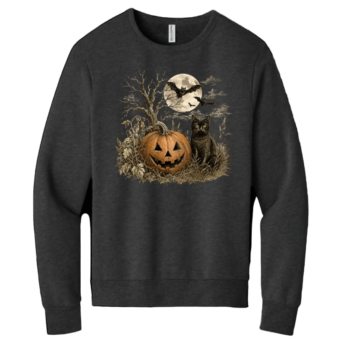 A dark heather gray crewneck sweatshirt featuring a Halloween graphic print on the front with a jack-o'-lantern, a black cat, a full moon, and bats.