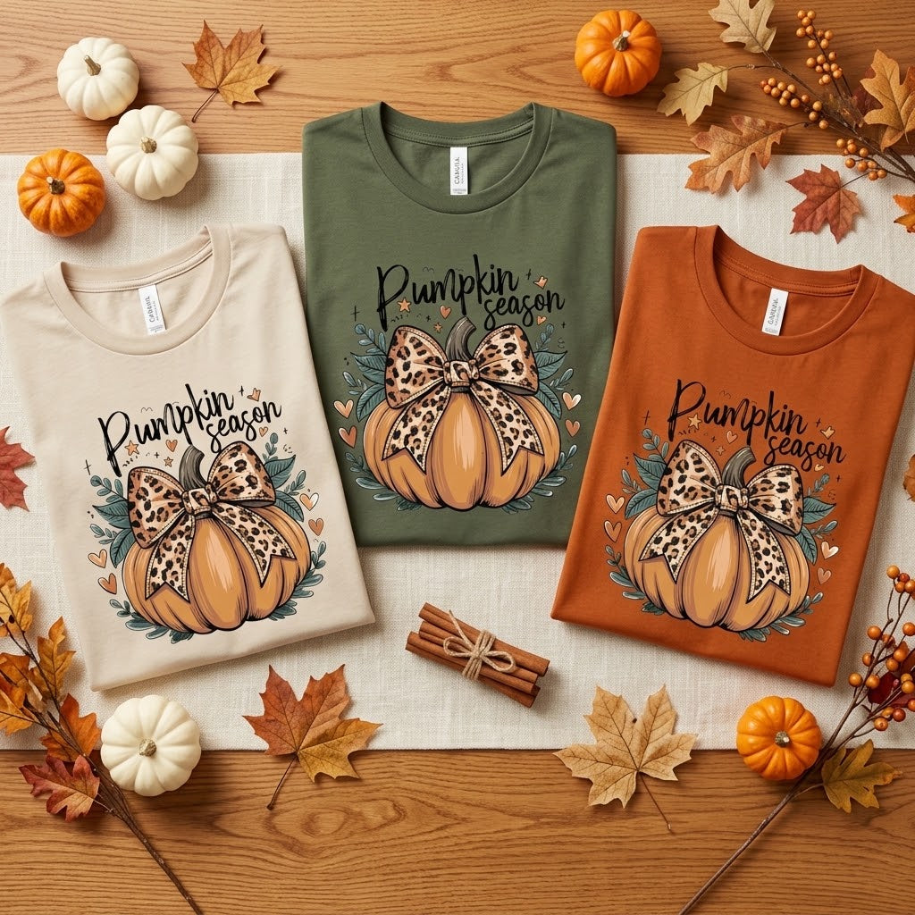 Three folded graphic T-shirts arranged on a wood surface with autumn props. The shirts are Tan, Military Green, and Autumn, each printed with a pumpkin and bow design and the words 'Pumpkin season.