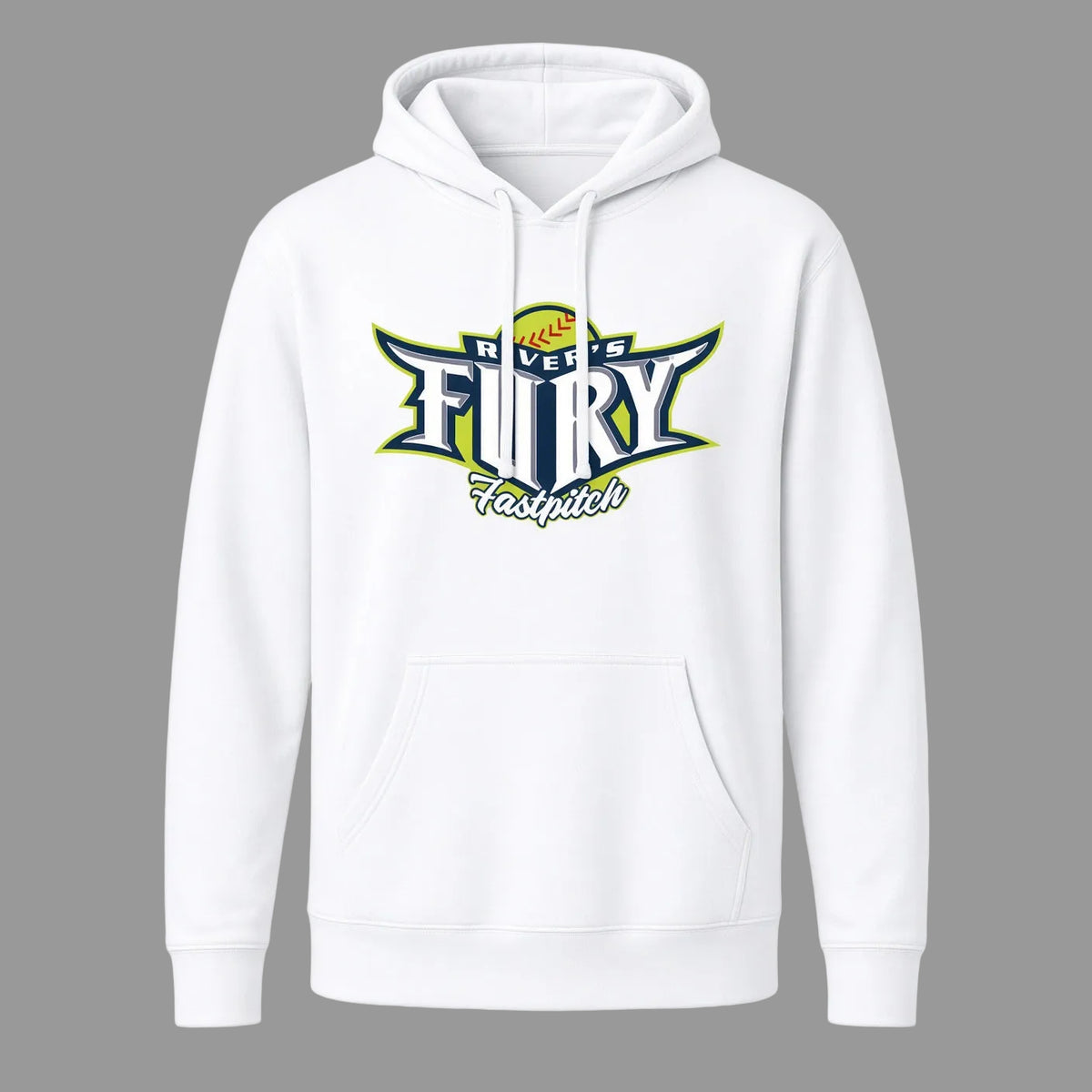 A white pullover hoodie with a front kangaroo pocket and a graphic on the chest that reads 'Rivers Fury Fastpitch' with a softball illustration, shown on a plain white background.