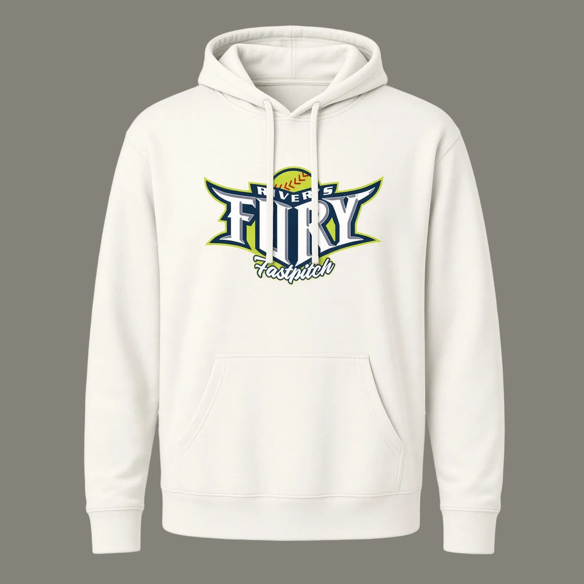 An off-white pullover hoodie featuring a 'River's Fury Fastpitch' softball graphic on the chest, displayed against a solid white background.
