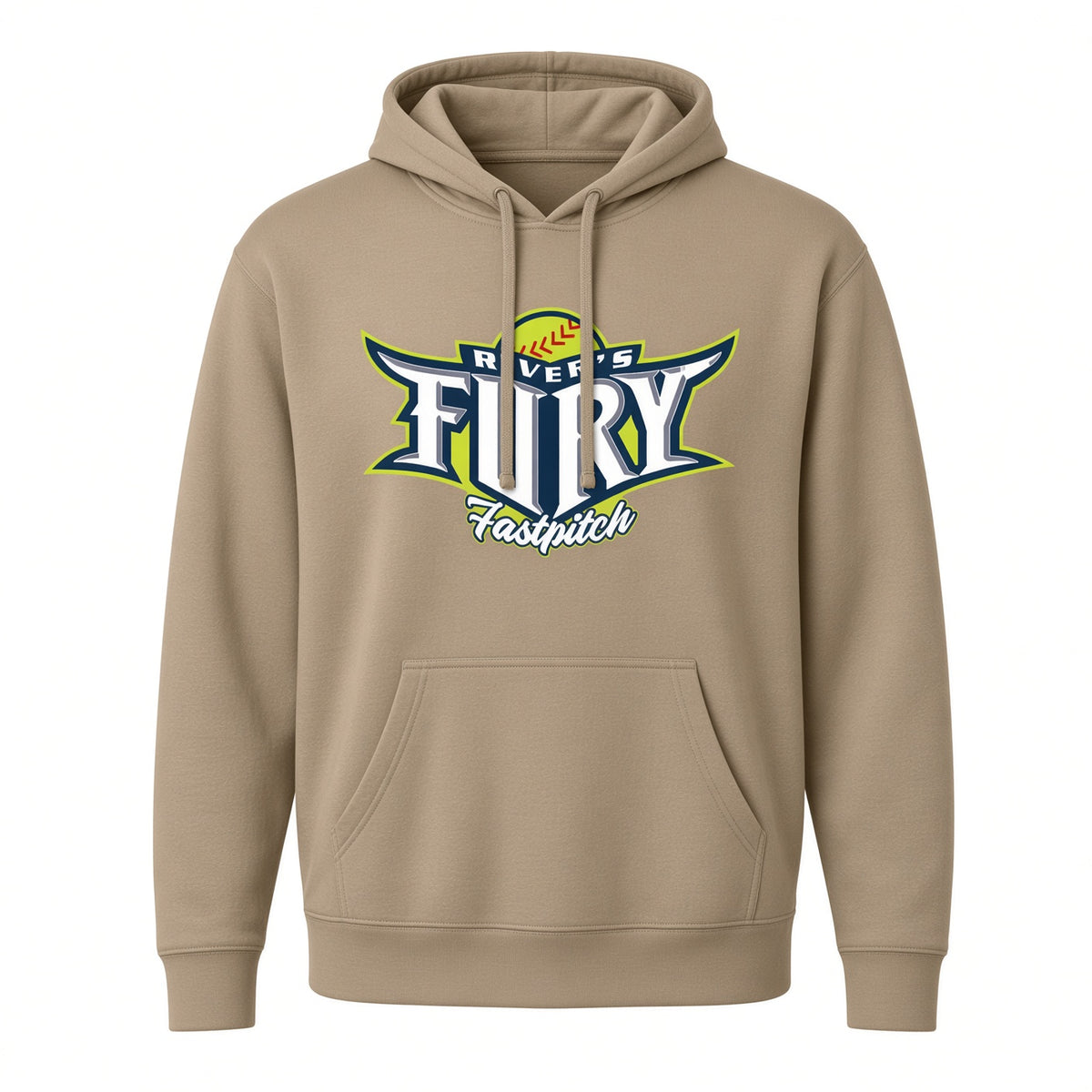 A tan pullover hoodie with a front kangaroo pocket and drawstrings, featuring a large 'River's Flurry Fastpitch' softball graphic on the chest in navy, lime green, and white.