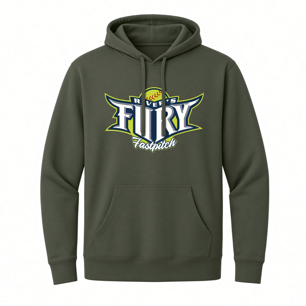 An olive green pullover hoodie featuring a large 'Rivers Fury Fastpitch' softball graphic on the chest, displayed against a solid white background.