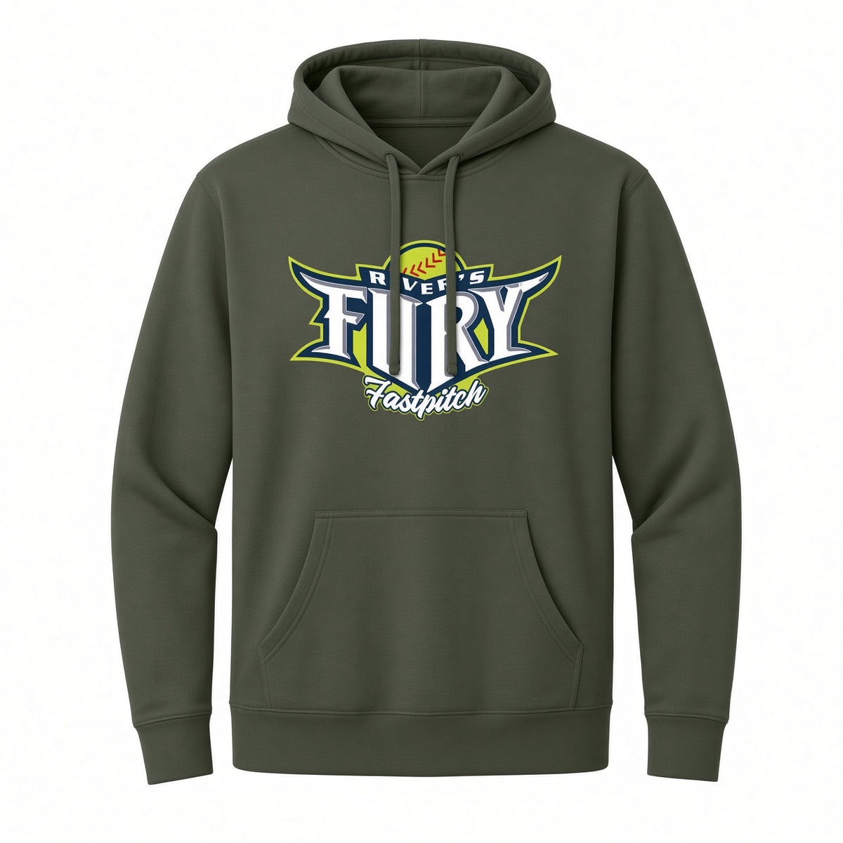 An olive green pullover hoodie featuring a large 'Rivers Fury Fastpitch' softball graphic on the chest, displayed against a solid white background.