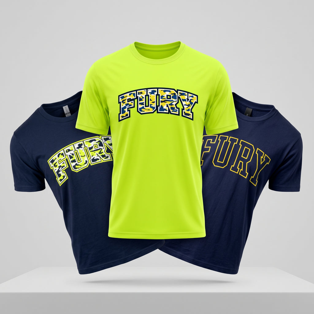 Three short-sleeve graphic T-shirts displayed against a light gray studio background. The center shirt is bright neon yellow-green with large arched 'FURY' lettering across the chest in navy and yellow.