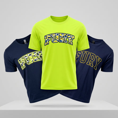 Three short-sleeve graphic T-shirts displayed against a light gray studio background. The center shirt is bright neon yellow-green with large arched 'FURY' lettering across the chest in navy and yellow.