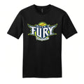 A black short-sleeve crewneck t-shirt featuring a large graphic on the chest that reads 'RIVER'S FURY Fastpitch' in stylized white, blue, and lime green lettering with a baseball motif.