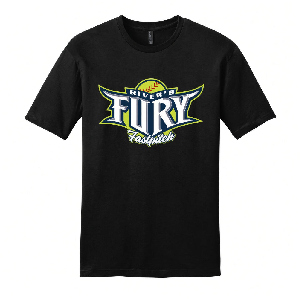A black short-sleeve crewneck t-shirt featuring a large graphic on the chest that reads 'RIVER'S FURY Fastpitch' in stylized white, blue, and lime green lettering with a baseball motif.