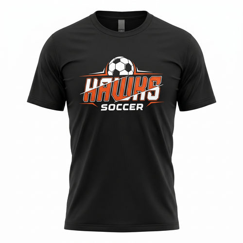 A black short-sleeve crewneck t-shirt featuring a 'Hawks Soccer' graphic on the chest with a soccer ball illustration and orange, white, and black lettering, shown on a plain white background.