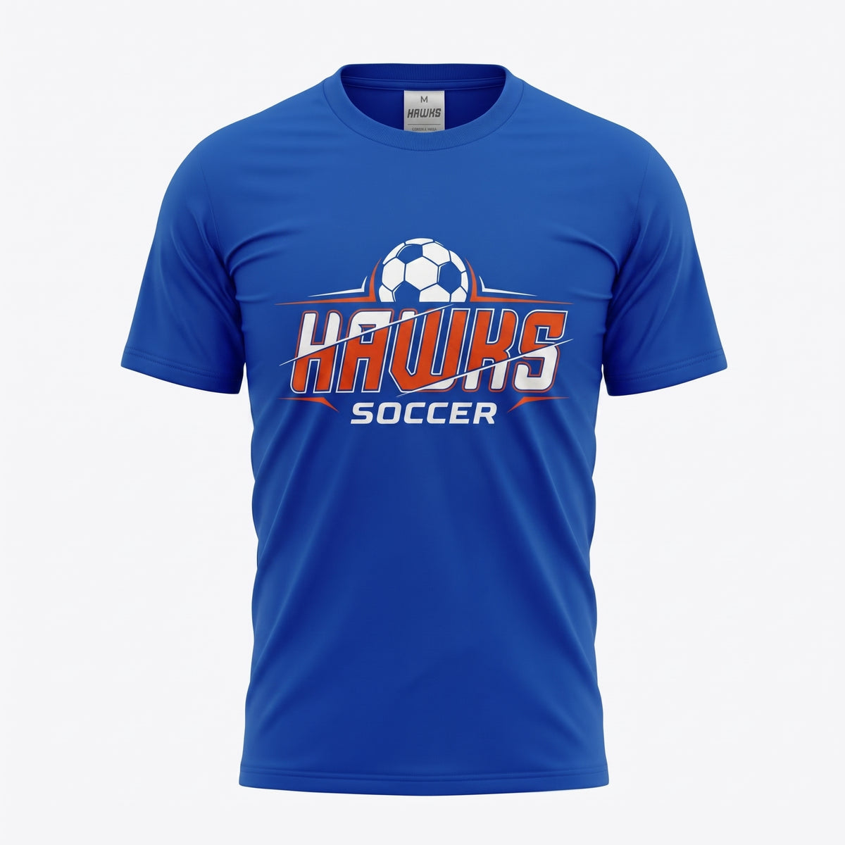 A royal blue short-sleeve crewneck t-shirt featuring a 'Hawks Soccer' graphic on the chest with a soccer ball illustration and stylized text, shown on a light gray background.