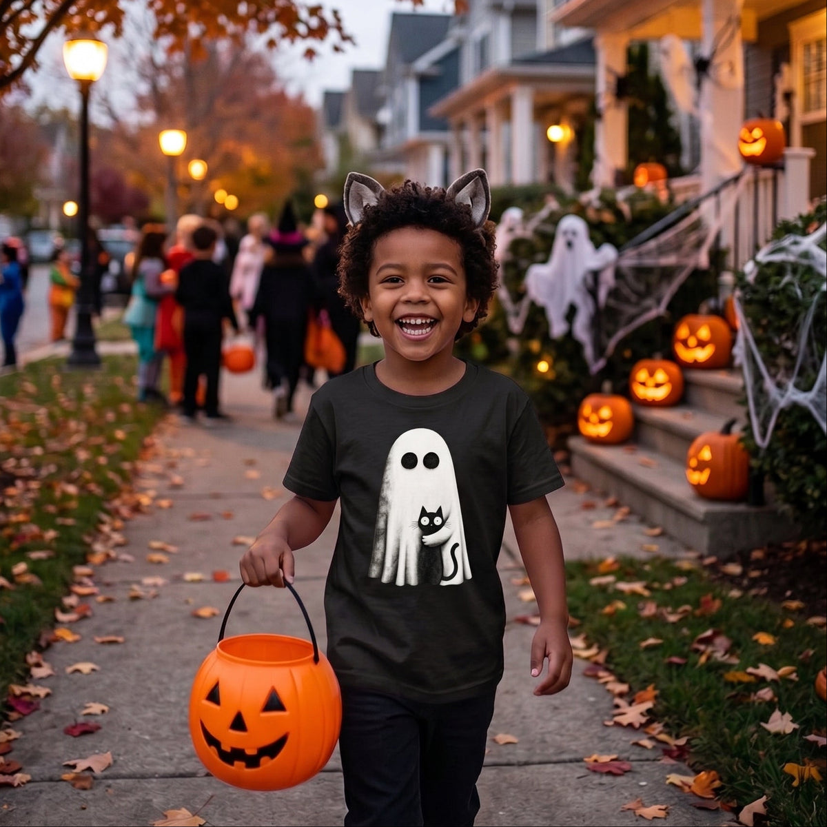 A young boy smiling and holding an orange pumpkin bucket during Halloween street parade, wearing a dark gray t-shirt with a white ghost and black cat graphic, and cat ears headband. Houses, pumpkins, and other children are visible in the background.