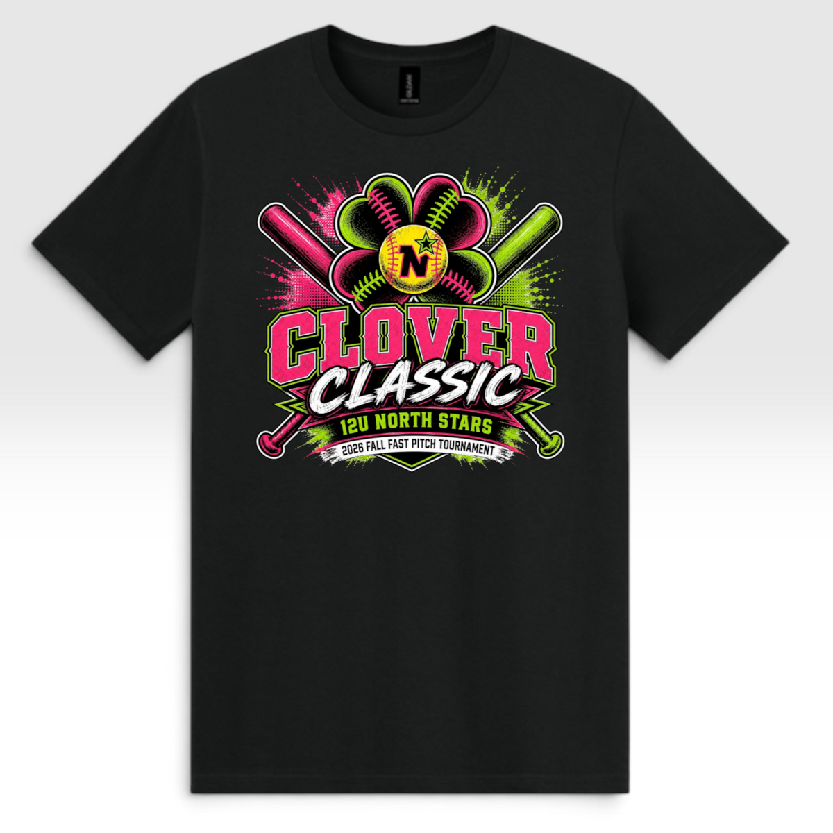 A black short-sleeve crewneck t-shirt featuring a vibrant graphic on the front. The graphic displays crossed pink and green baseball bats behind a yellow baseball with a black 'N' logo, with the words 'CLOVER CLASSIC' in bold pink and white lettering, and '1201 NORTH STARS' written below.