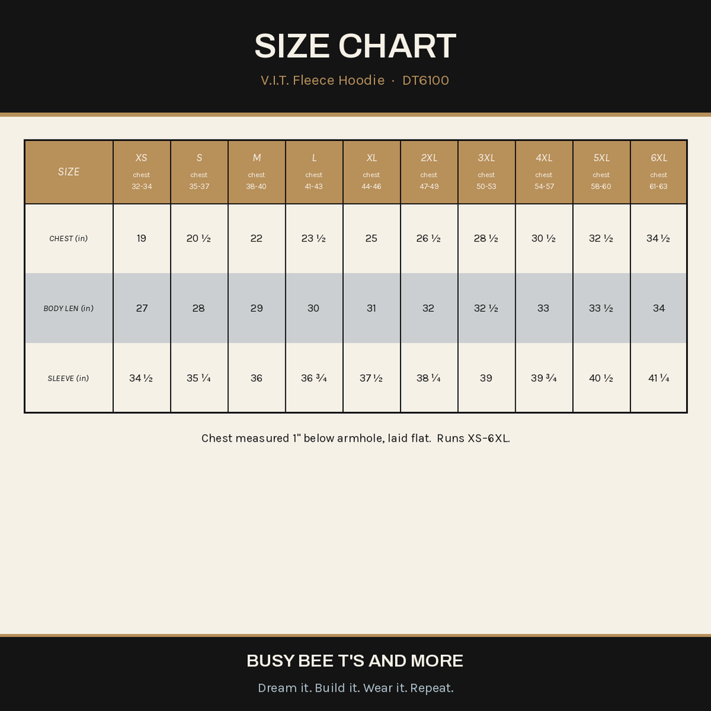 A size chart graphic for the V.I.