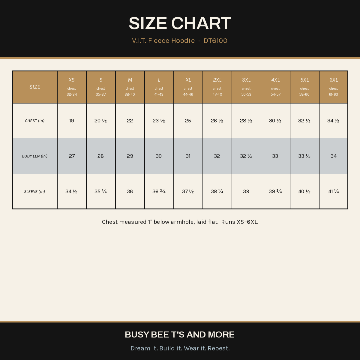 A size chart graphic for the V.I.