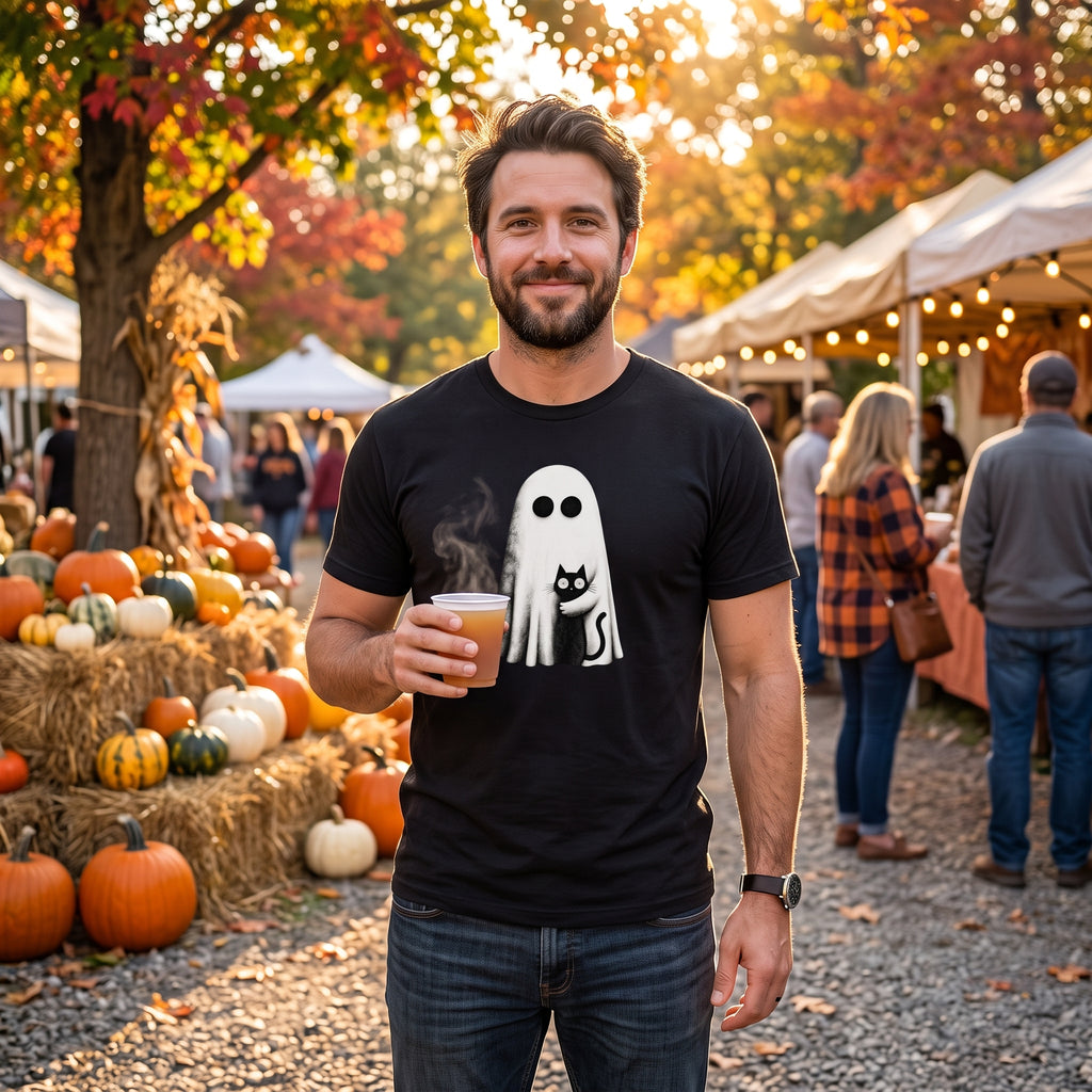 A man wearing a black graphic t-shirt with a white ghost and black cat design, standing in an outdoor autumn market holding a coffee cup.