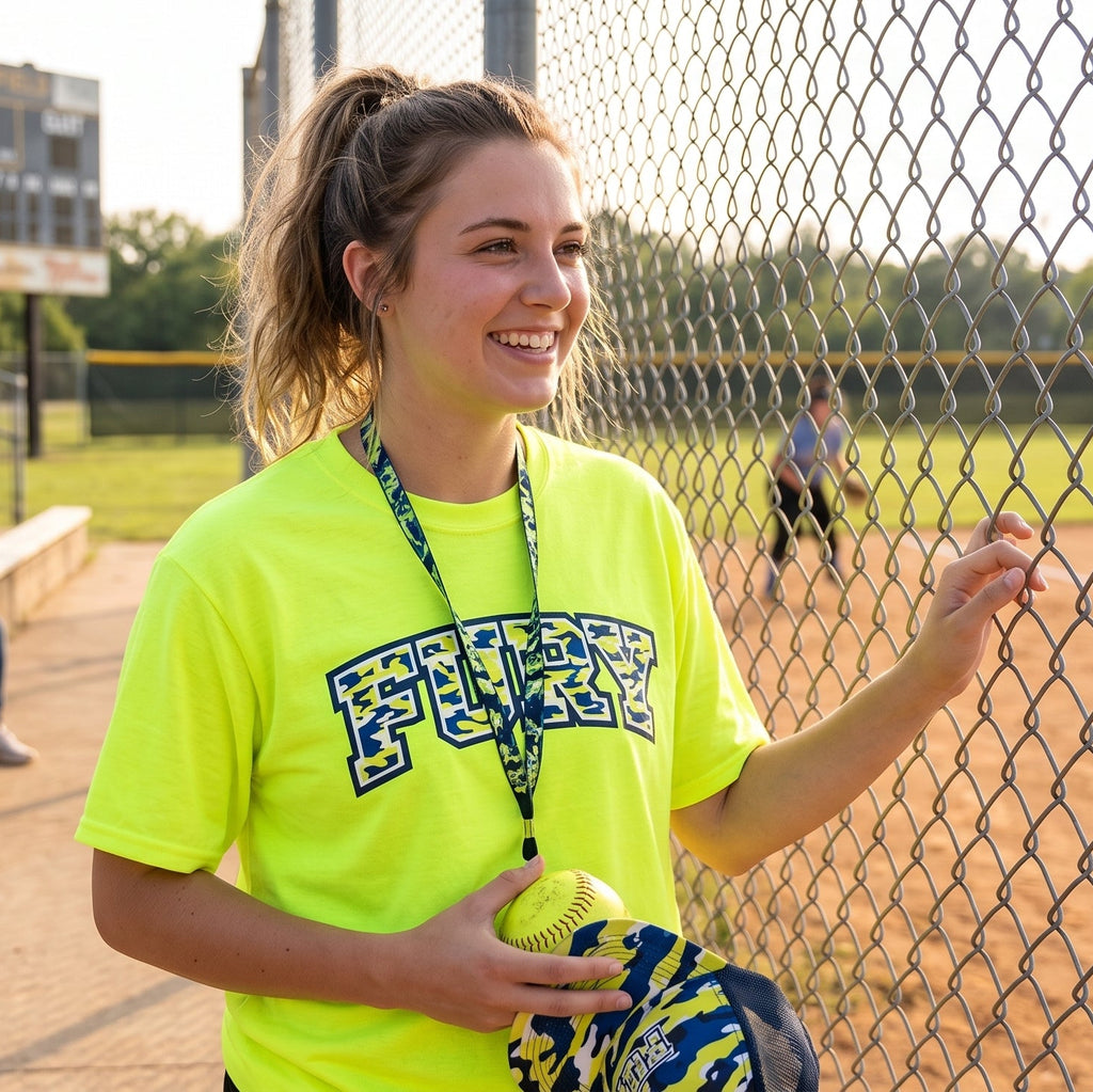 A smiling young woman stands behind a chain-link fence at a baseball field, wearing a bright neon yellow t-shirt with 'FURY' printed across the chest and holding a baseball and glove. Spectators sit on bleachers in the background, and a baseball field is visible.