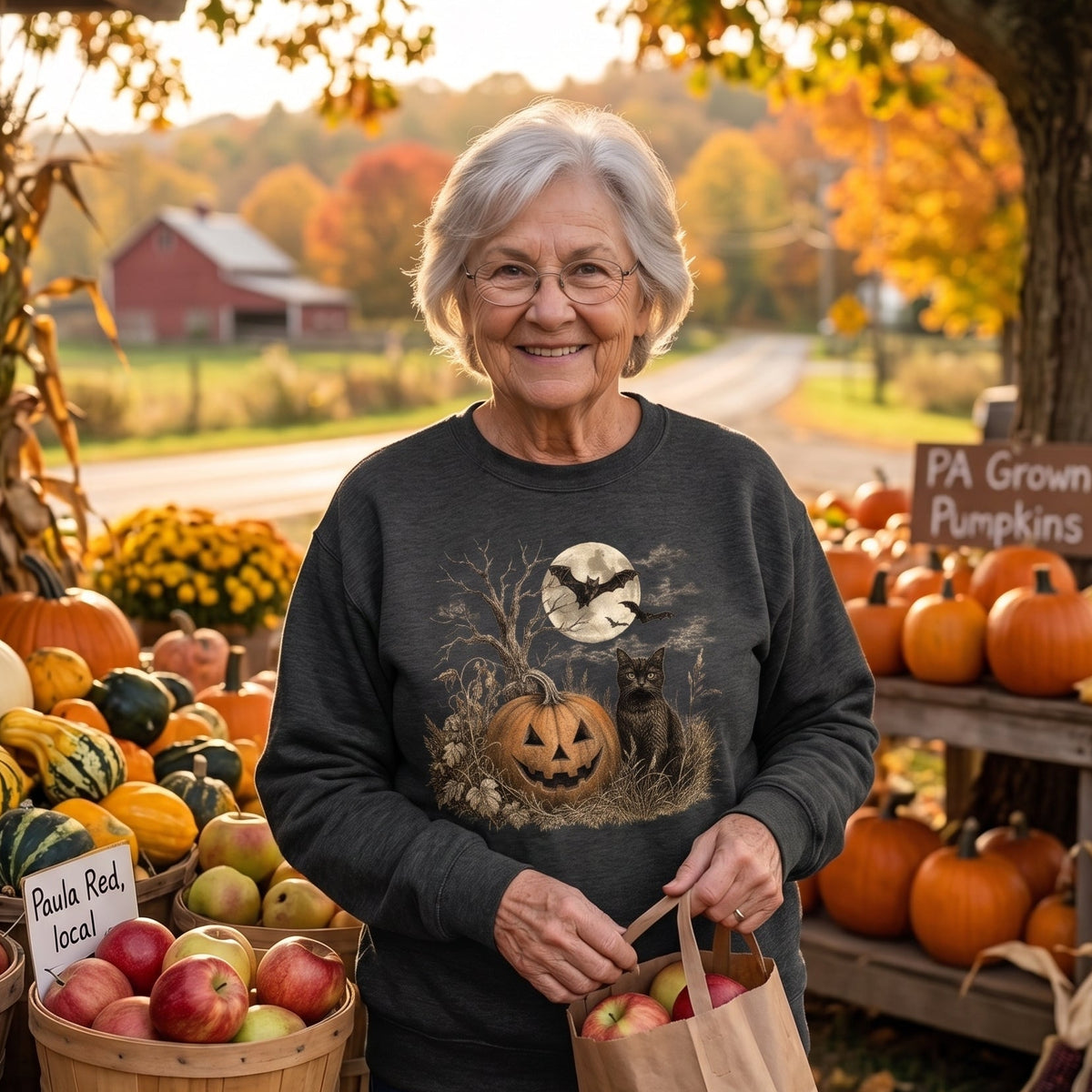 An older woman stands at an autumn farmers market wearing a dark gray crewneck sweatshirt with a Halloween graphic of a jack-o'-lantern, cat, and full moon. She is holding a brown paper bag filled with red apples, with baskets of pumpkins and seasonal produce in the background.