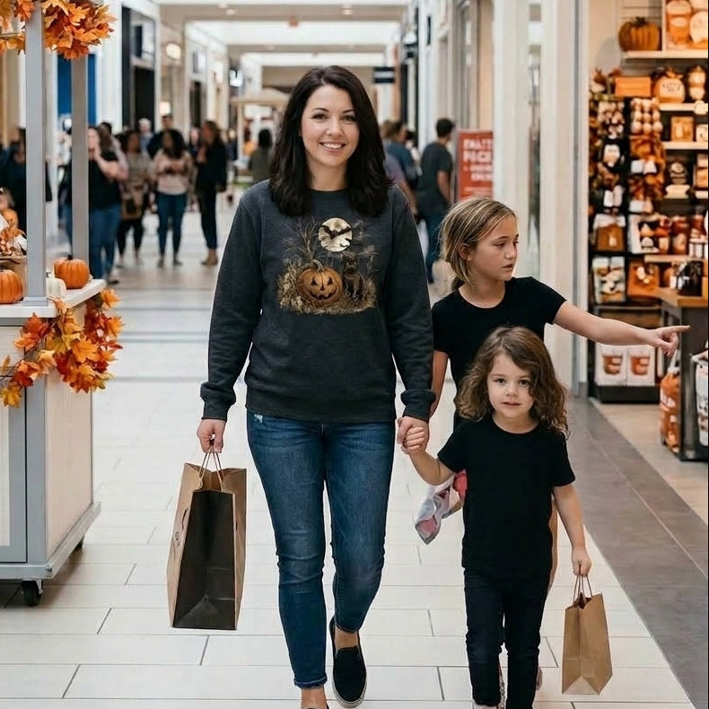 A woman and two children walk through a mall corridor wearing fall clothing, with the woman's dark gray graphic sweatshirt featuring a jack-o'-lantern design being the most prominent product. The scene includes shopping bags, a fall-themed kiosk, and store storefronts.