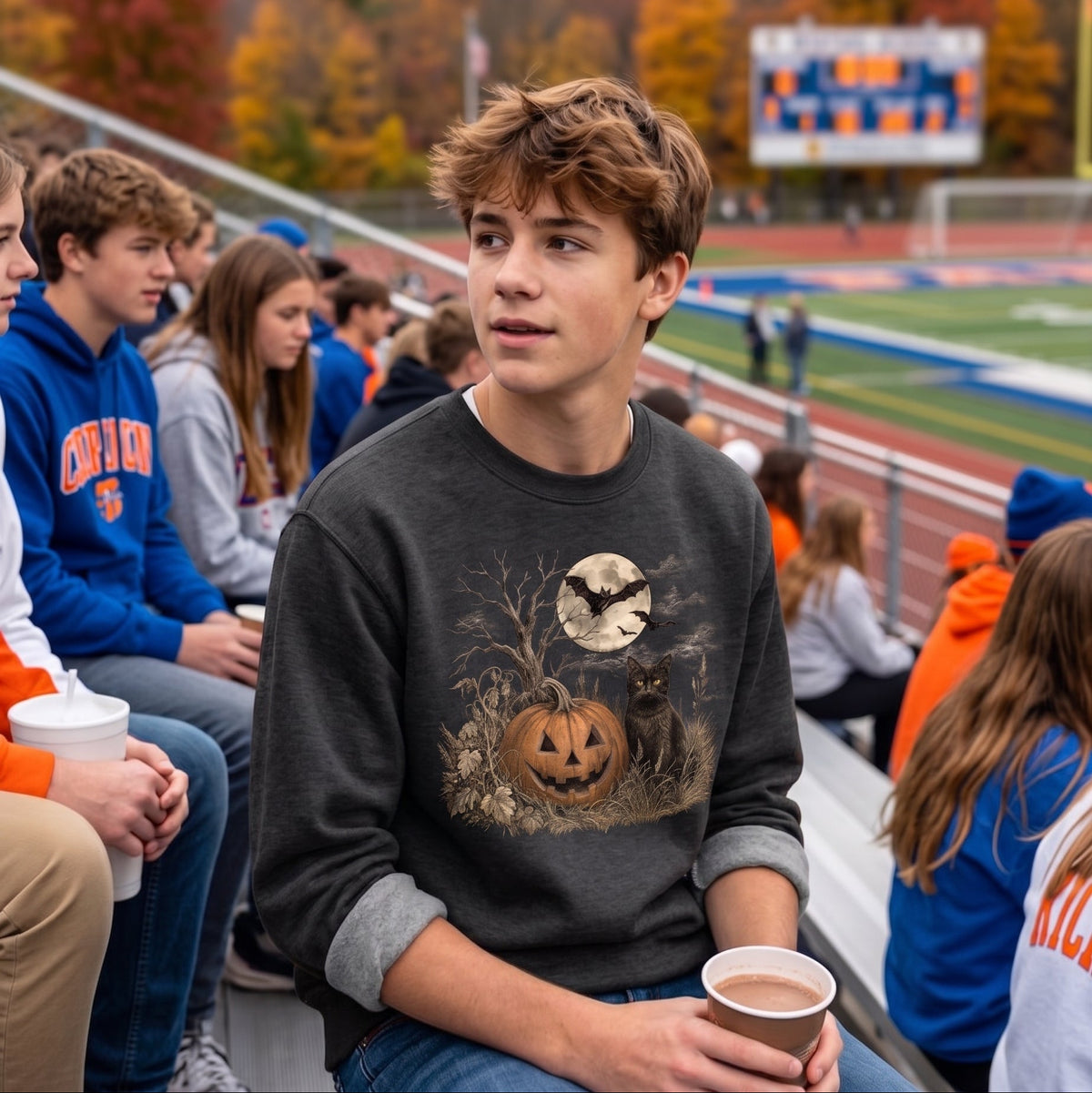 A young man sitting in a stadium crowd at a football game, wearing a dark gray crewneck sweatshirt with a Halloween graphic of a jack-o'-lantern, a cat, and a full moon. 