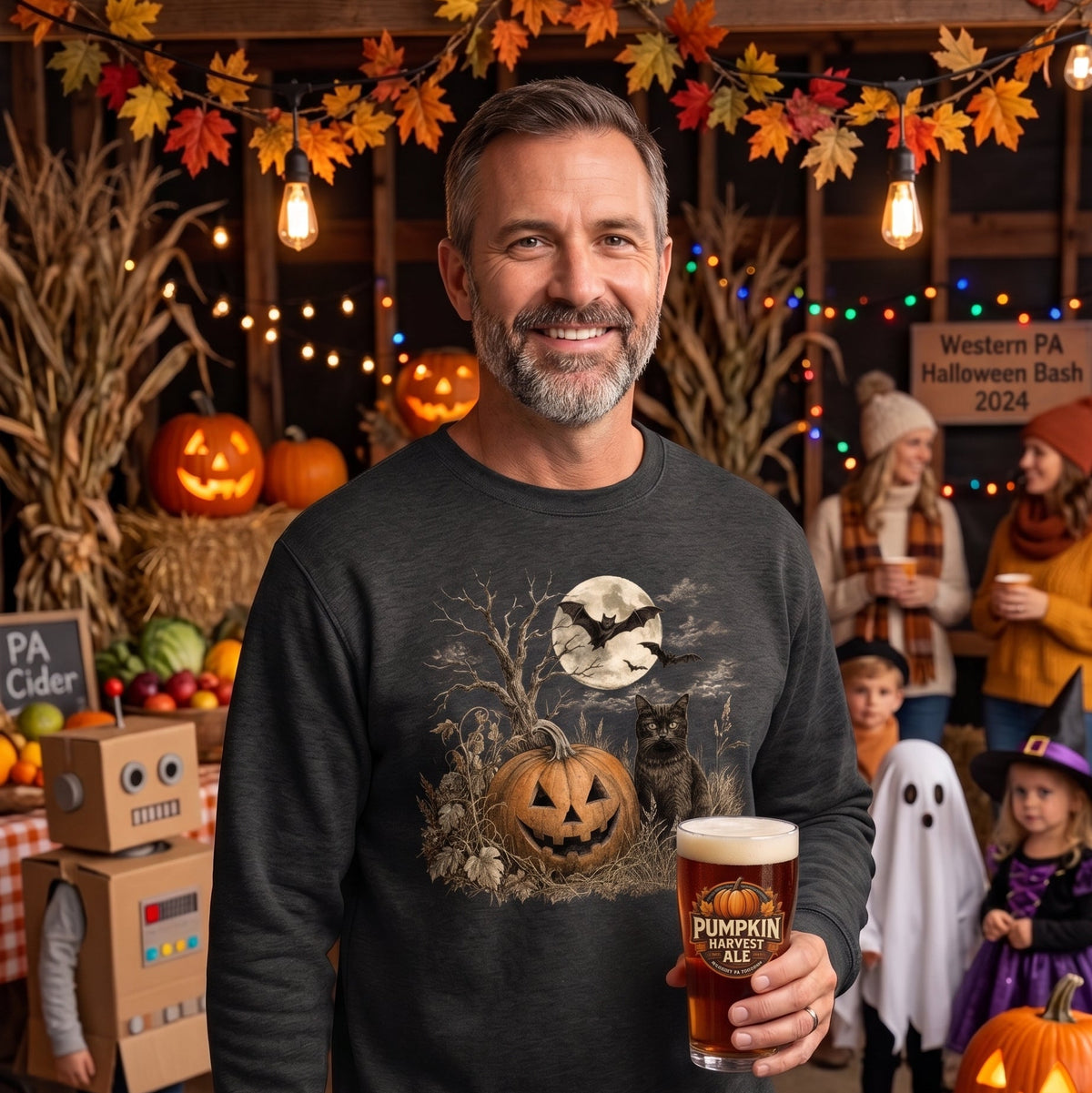 A man wearing a dark gray crewneck sweatshirt with a Halloween graphic stands in a decorated fall barn holding a pint of Pumpkin Spice Lager. The background features jack-o'-lanterns, hay bales, string lights, and other people in costume.