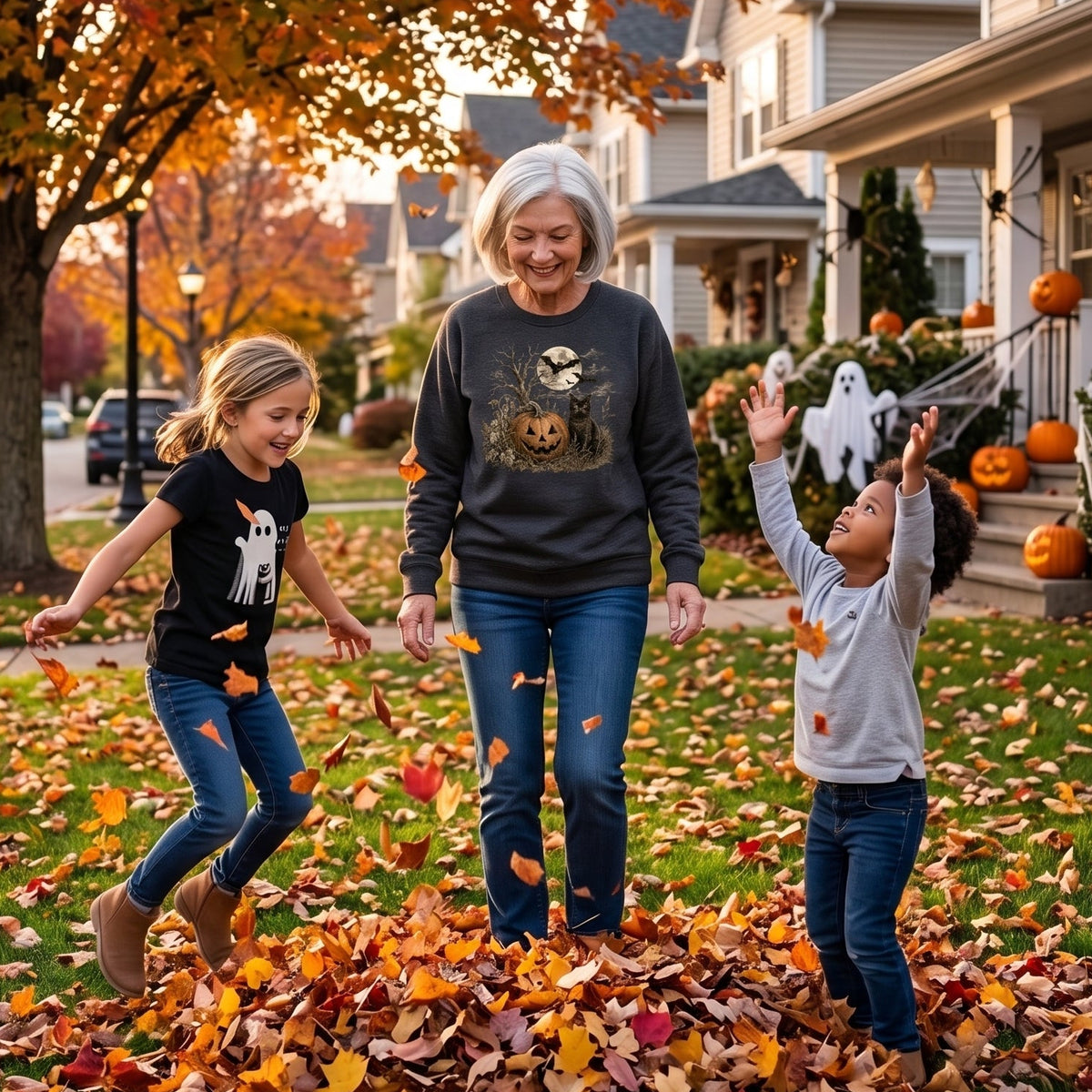 A woman and two children play in a pile of fallen leaves on a suburban lawn, with autumn trees, houses, and pumpkins in the background.