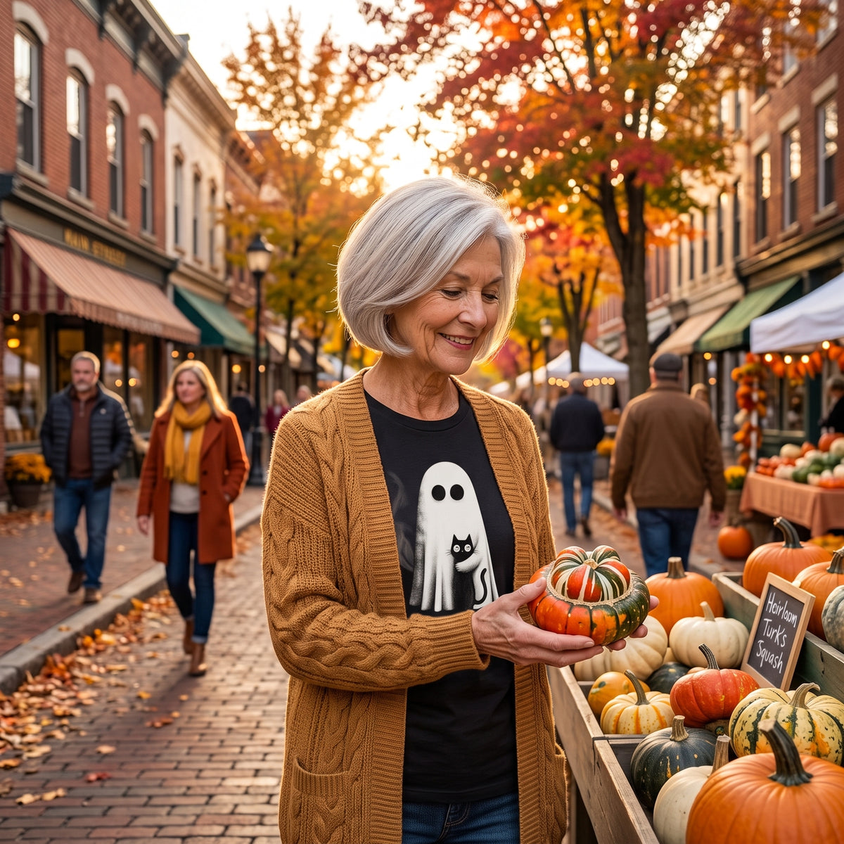A woman with short gray hair stands at an outdoor autumn market stall, holding a small striped pumpkin. She wears a tan cable-knit cardigan over a black graphic T-shirt with a white ghost and black cat design.