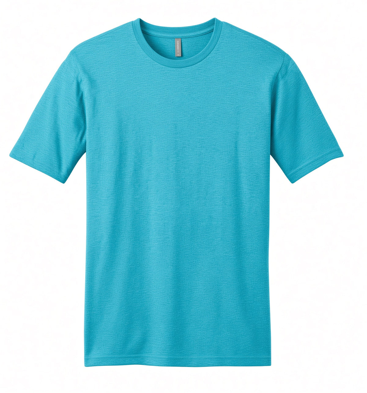 A bright turquoise blue short-sleeve crewneck t-shirt displayed flat against a solid white background.