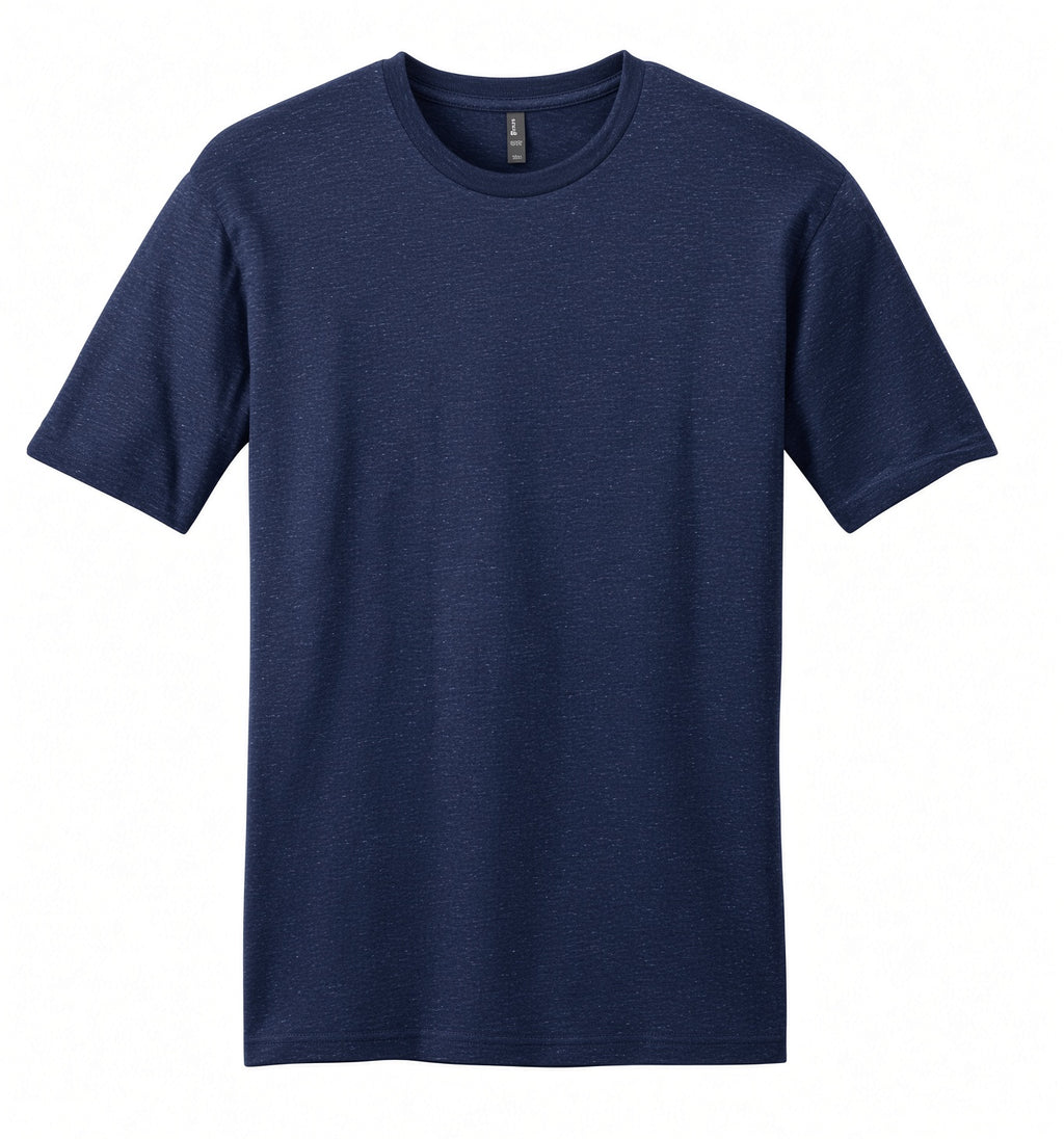 A dark navy blue short-sleeve crewneck t-shirt with a subtle heathered texture, displayed flat against a solid white background.