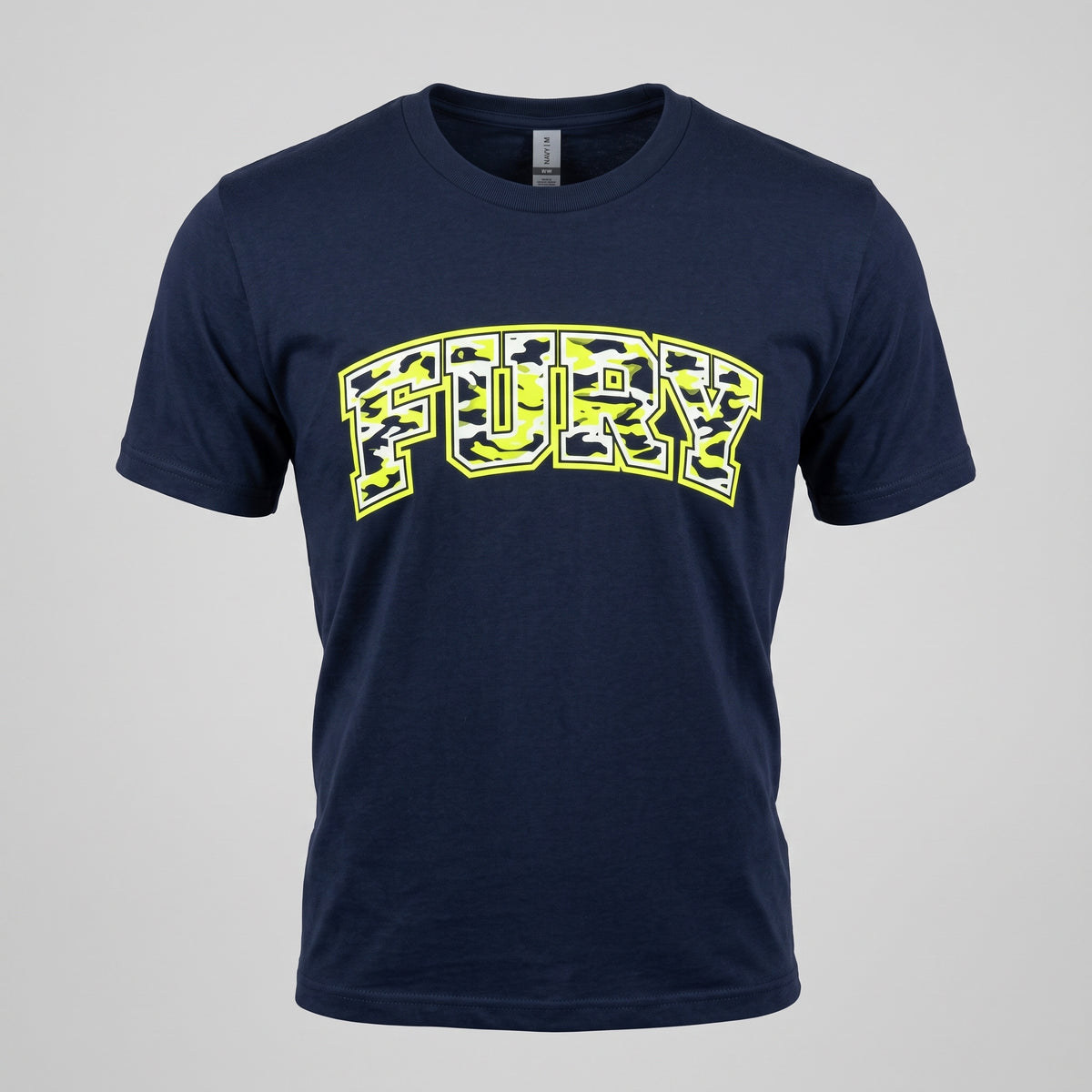 A navy blue short-sleeve crewneck t-shirt featuring the word 'FURY' printed across the chest in a yellow and black camouflage pattern, set against a plain light gray background.