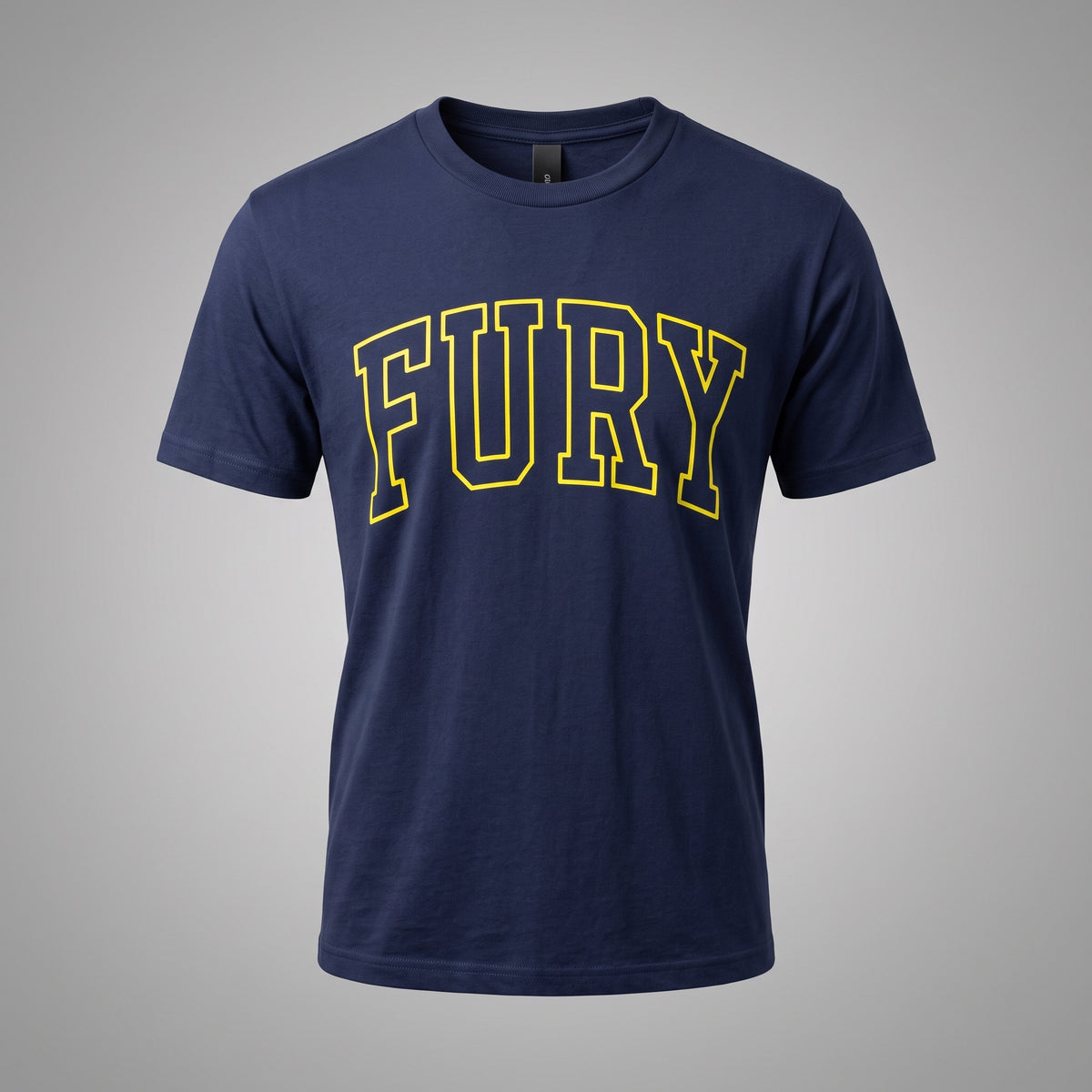 A navy blue short-sleeve crewneck t-shirt featuring the word 'FURY' printed across the chest in large yellow varsity-style block letters with a white outline, set against a neutral gray background.