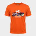 An orange short-sleeve crewneck t-shirt featuring a 'Hawks Soccer' graphic on the chest with a soccer ball illustration, shown against a light gray background.