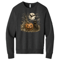 A dark heather gray crewneck sweatshirt featuring a Halloween graphic print on the front with a jack-o'-lantern, a black cat, a full moon, and bats.