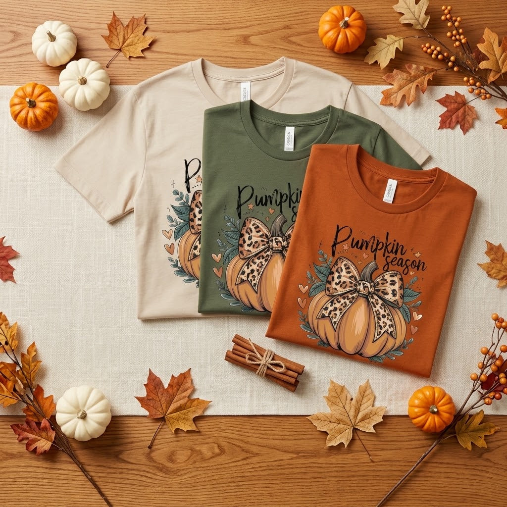 Three folded graphic T-shirts in beige, sage green, and rust orange are arranged on a light fabric surface with autumn leaves, pumpkins, cinnamon sticks, and berries around them. The shirts feature a pumpkin illustration with a bow and the words 'Pumpkin Season.