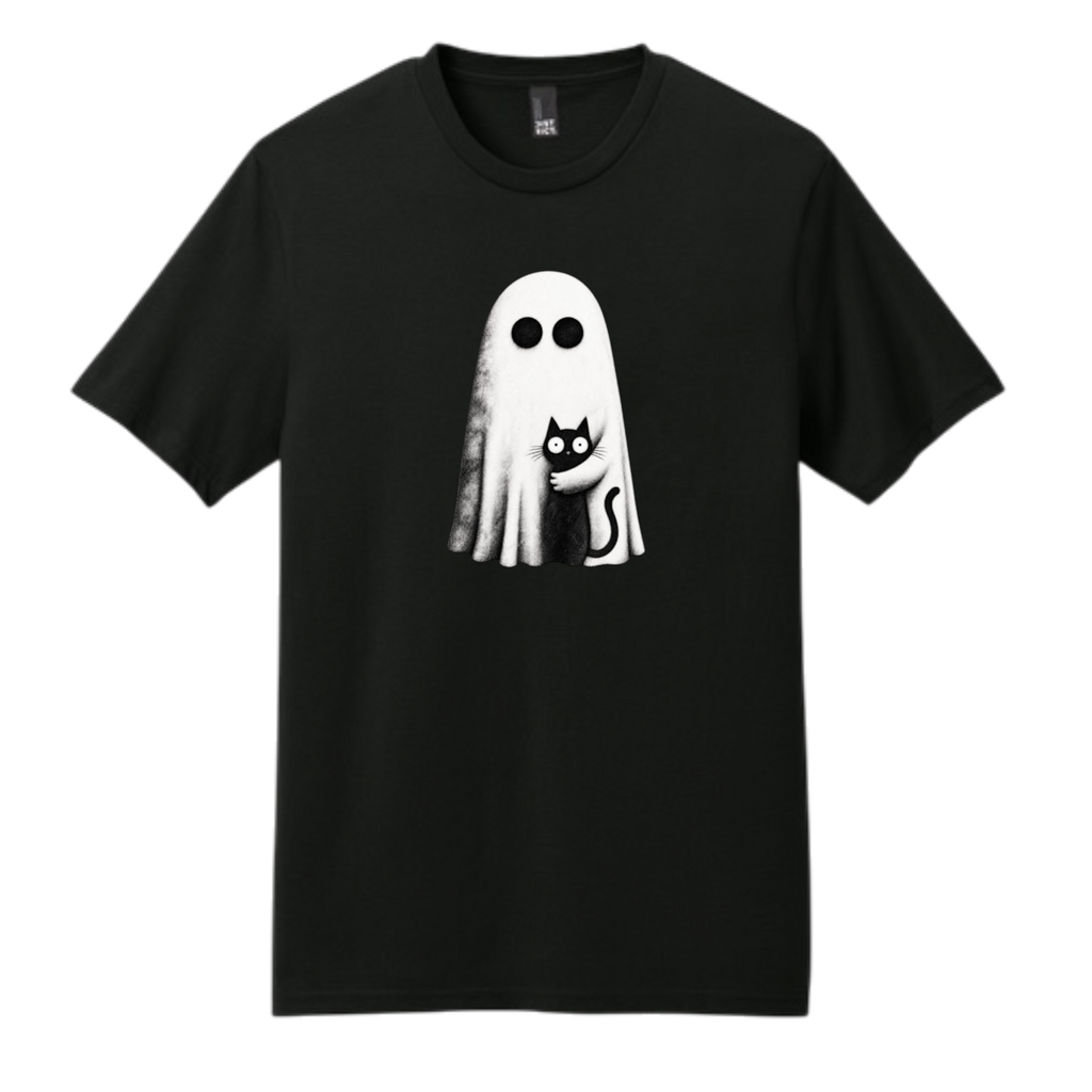 A black short-sleeve crewneck t-shirt featuring a graphic print of a white ghost with black eyes next to a black cat, displayed on a solid white background.