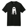 A black short-sleeve crewneck t-shirt featuring a graphic print of a white ghost with black eyes next to a black cat, displayed on a solid white background.