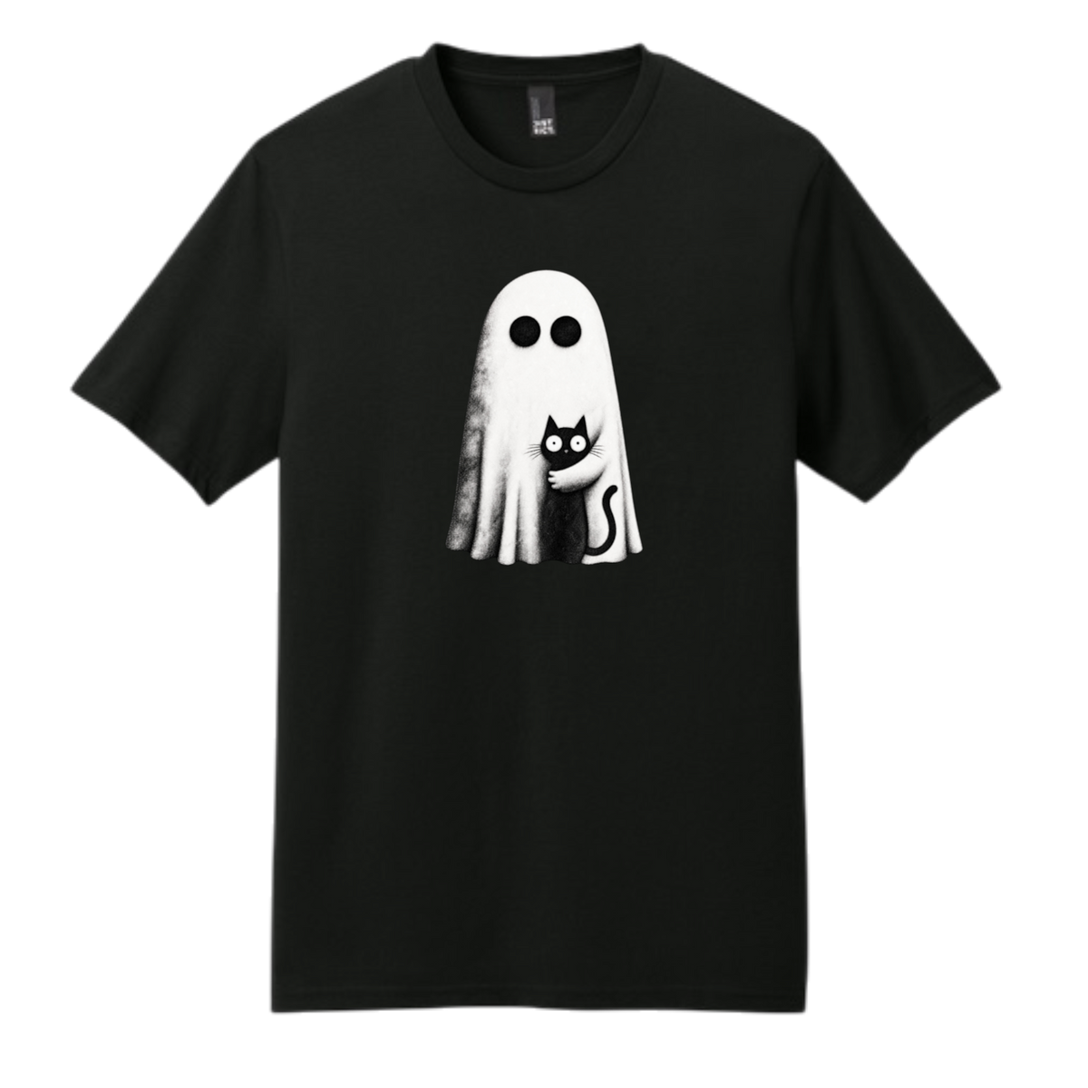 A black short-sleeve crewneck t-shirt featuring a graphic print of a white ghost with black eyes next to a black cat, displayed on a solid white background.