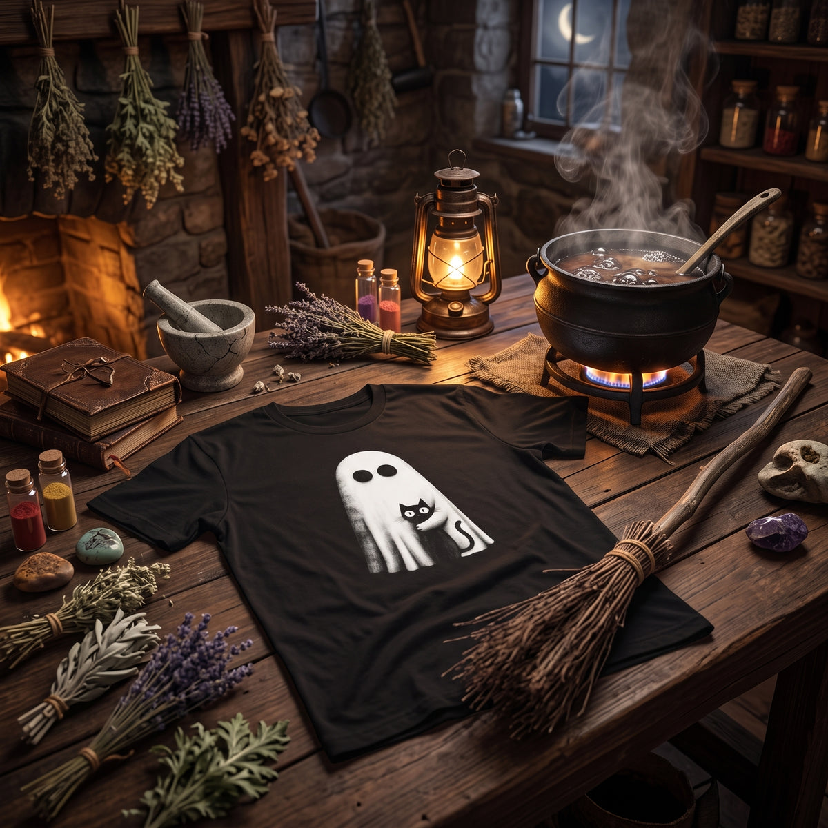 A black short-sleeve T-shirt with a white ghost graphic printed on the front, displayed on a rustic wooden table surrounded by Halloween-themed props including a glowing lantern, a bubbling potion pot, dried herbs, a broom, and old books.