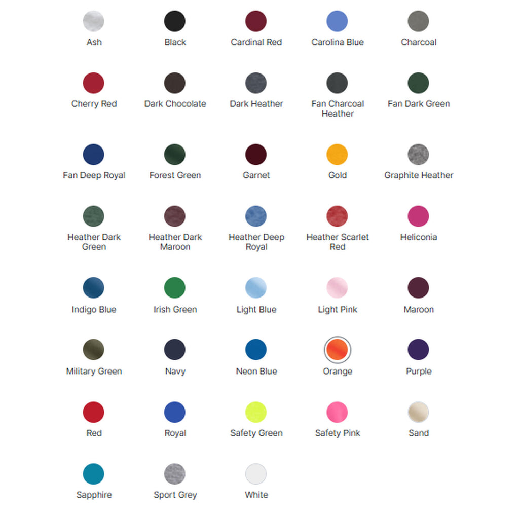 A color options chart displaying 36 color circles with their corresponding names underneath.