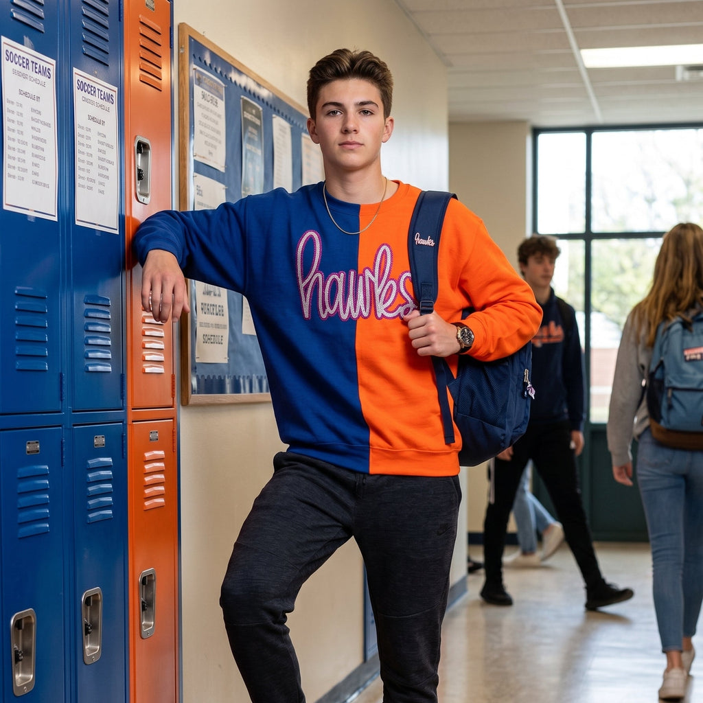 A young man stands in a school hallway leaning against blue and orange lockers, wearing a color-blocked sweatshirt with 'Hawks' written across the chest, dark pants, and blue sneakers, with a soccer ball at his foot.