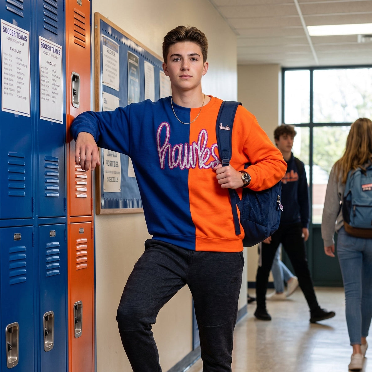 A young man stands in a school hallway leaning against blue and orange lockers, wearing a color-blocked sweatshirt with 'Hawks' written across the chest, dark pants, and blue sneakers, with a soccer ball at his foot.