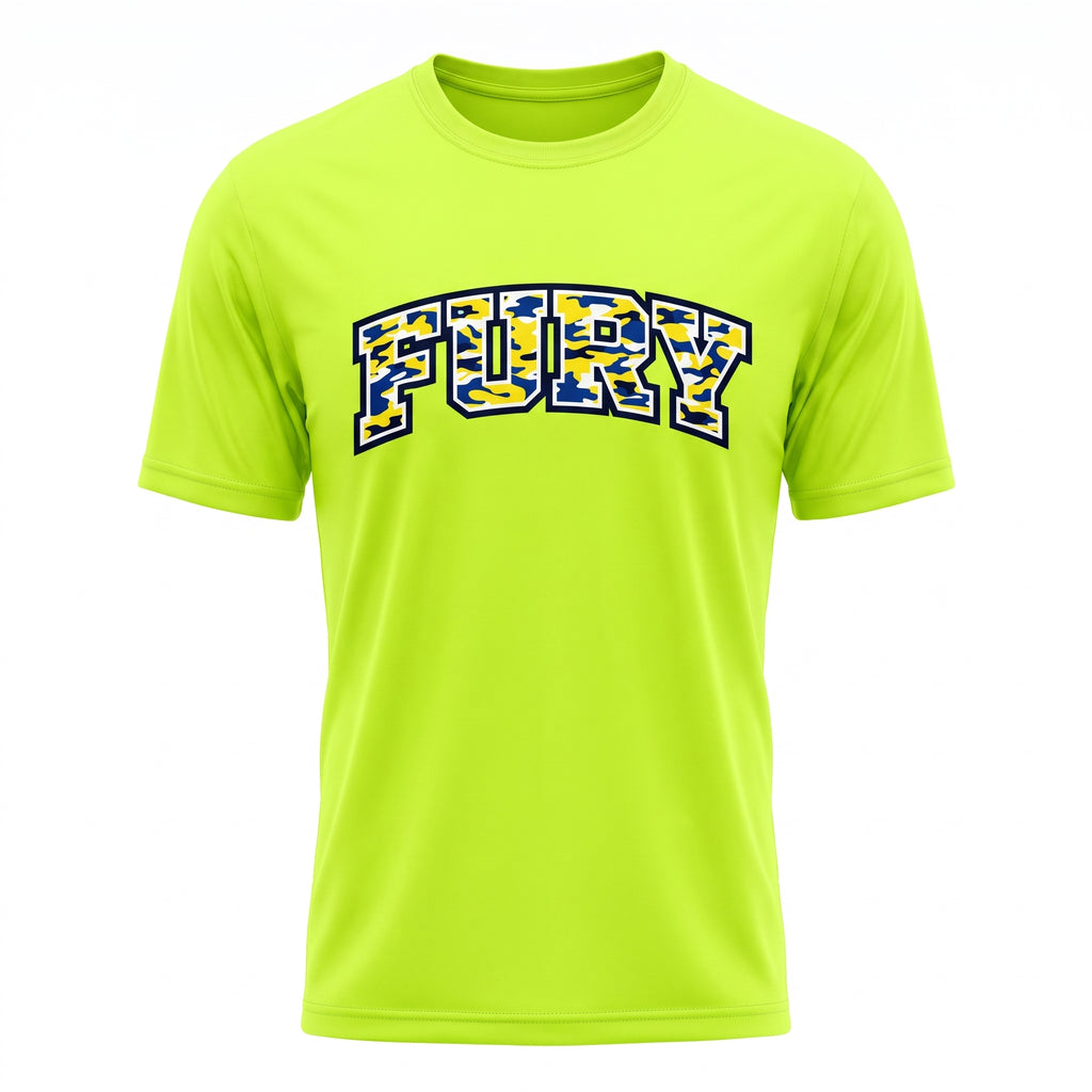 A bright neon yellow-green short-sleeve t-shirt with the word 'FURY' printed across the chest in arched block letters. The letters feature a blue and yellow camouflage pattern with a black and white outline.