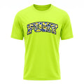 A bright neon yellow-green short-sleeve t-shirt with the word 'FURY' printed across the chest in arched block letters. The letters feature a blue and yellow camouflage pattern with a black and white outline.