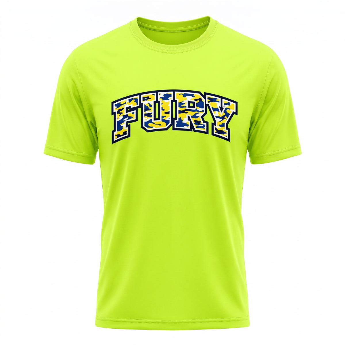 A bright neon yellow-green short-sleeve t-shirt with the word 'FURY' printed across the chest in arched block letters. The letters feature a blue and yellow camouflage pattern with a black and white outline.