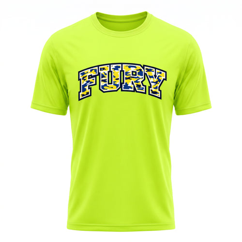 A bright neon yellow-green short-sleeve t-shirt with the word 'FURY' printed across the chest in arched block letters. The letters feature a blue and yellow camouflage pattern with a black and white outline.