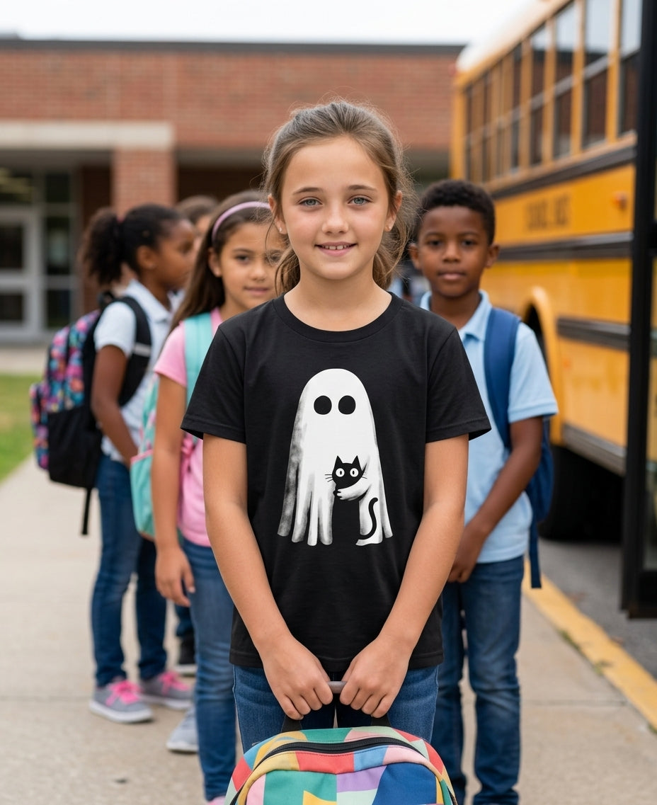 A young girl stands in front of a school bus and classmates wearing a black graphic t-shirt with a white ghost and black cat design, holding a colorful backpack.