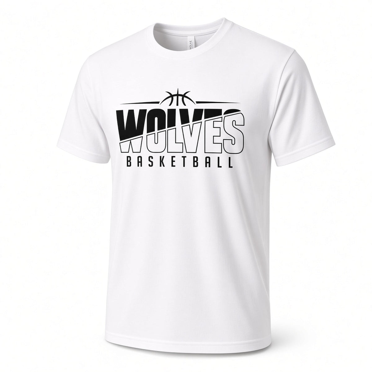 A white short-sleeve crewneck t-shirt featuring a black and white 'WOLVES BASKETBALL' graphic on the chest, displayed on a clean white background.