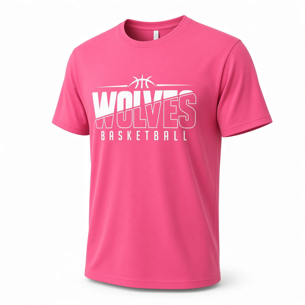 A bright pink short-sleeve crewneck t-shirt featuring a white graphic print on the front that reads 'WOLVES BASKETBALL' with a basketball icon above the text, displayed on a clean white background.