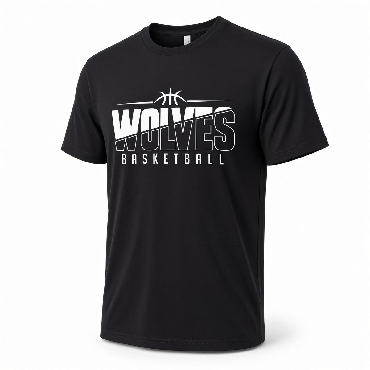 A black short-sleeve crewneck t-shirt featuring a white graphic print on the front that reads 'WOLVES BASKETBALL' with a basketball icon above the text, displayed on a clean white background.
