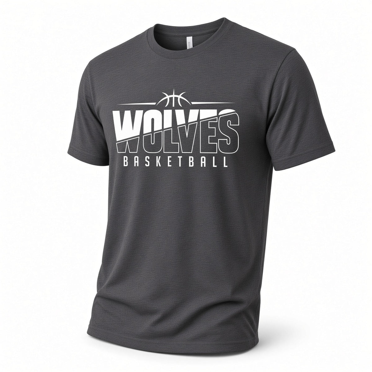 A dark gray crewneck t-shirt featuring a white graphic print on the front that reads 'WOLVES BASKETBALL' with a basketball icon above the text, displayed on a clean white background.