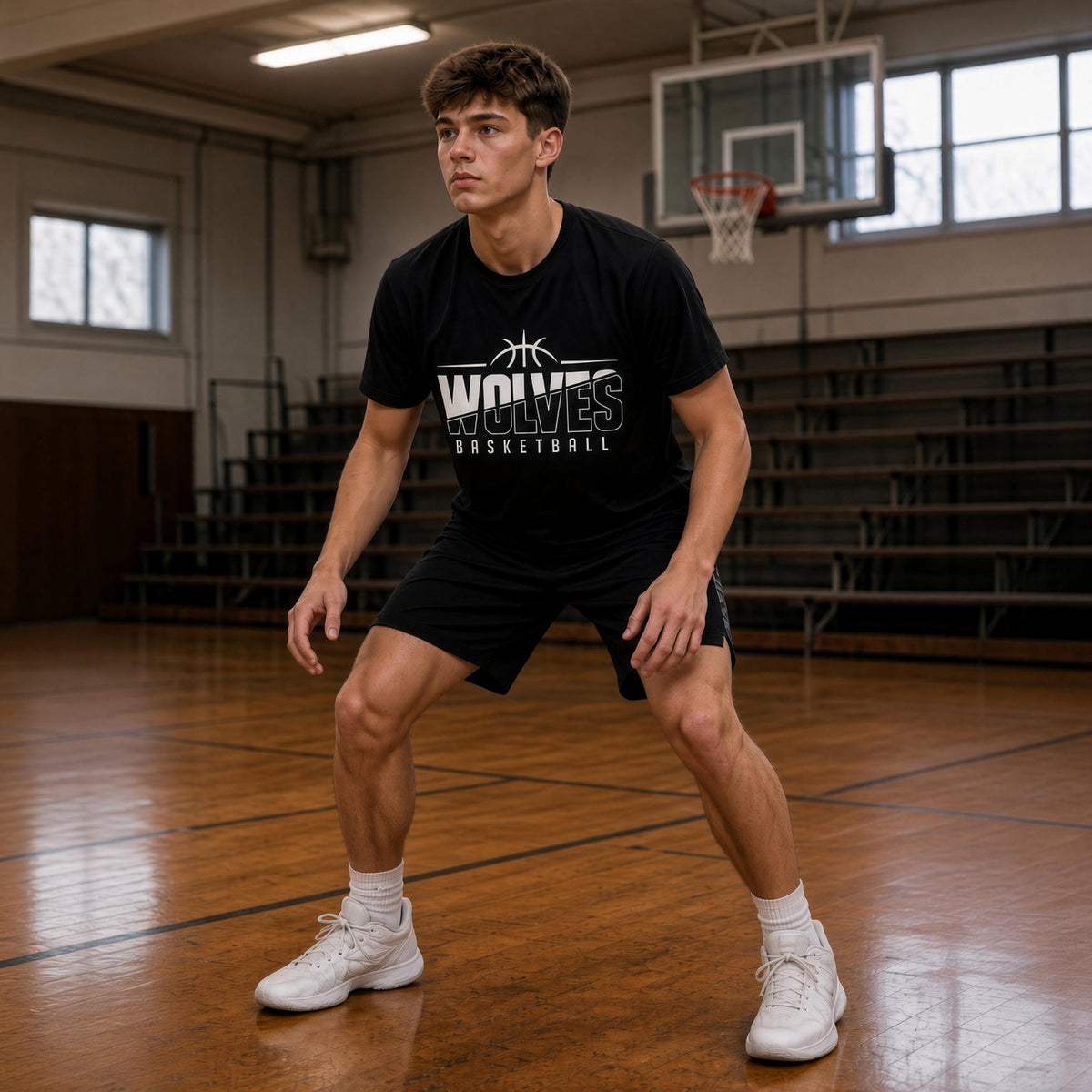 A young man in a gym wearing a black short-sleeve t-shirt with a white 'WOLVES BASKETBALL' graphic on the chest, paired with black athletic shorts and white sneakers.