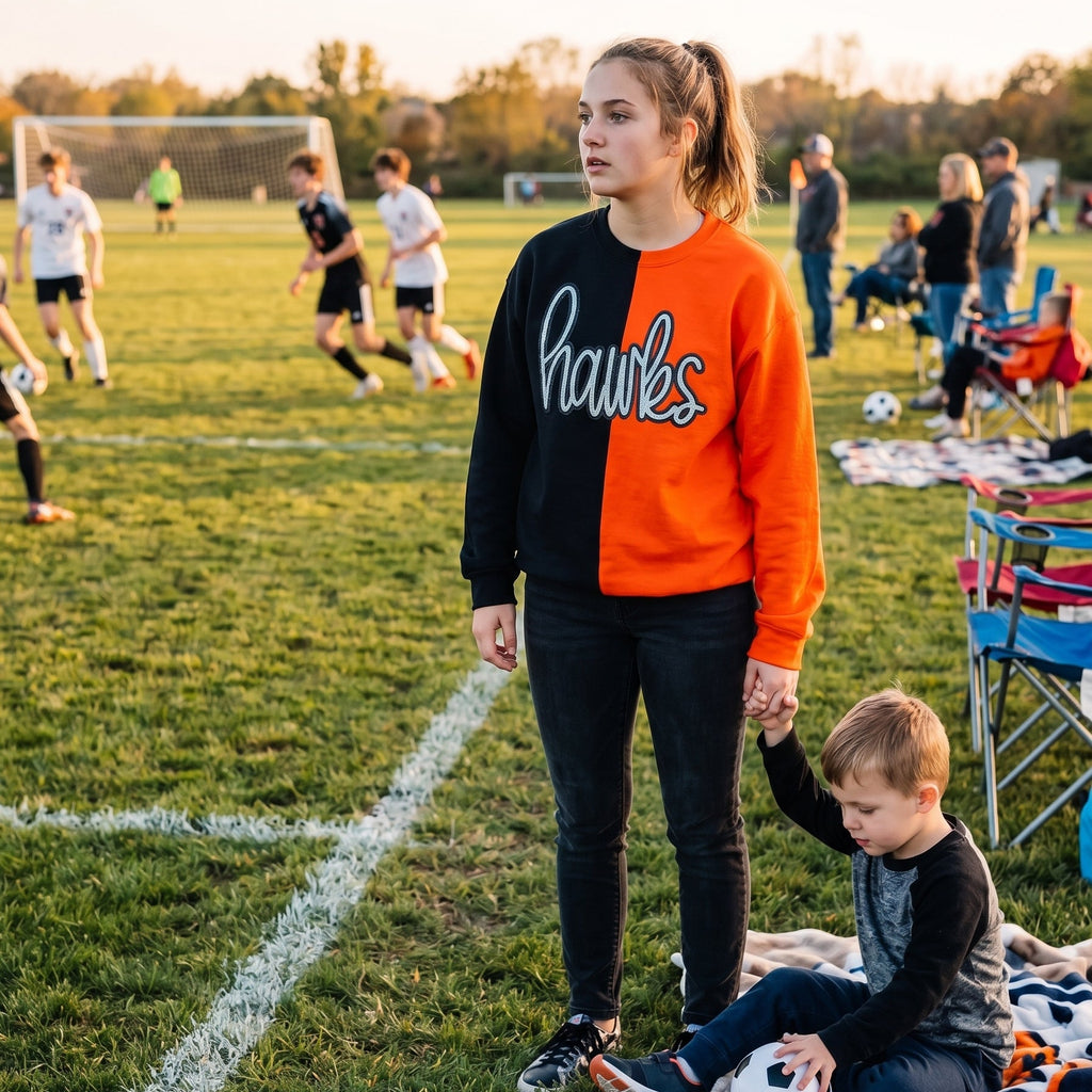 A woman and a young boy standing on a grassy sports field at sunset. The woman is wearing a split black and orange sweatshirt with the word 'hawks' across the chest, while the boy sits on a blanket holding a soccer ball nearby.